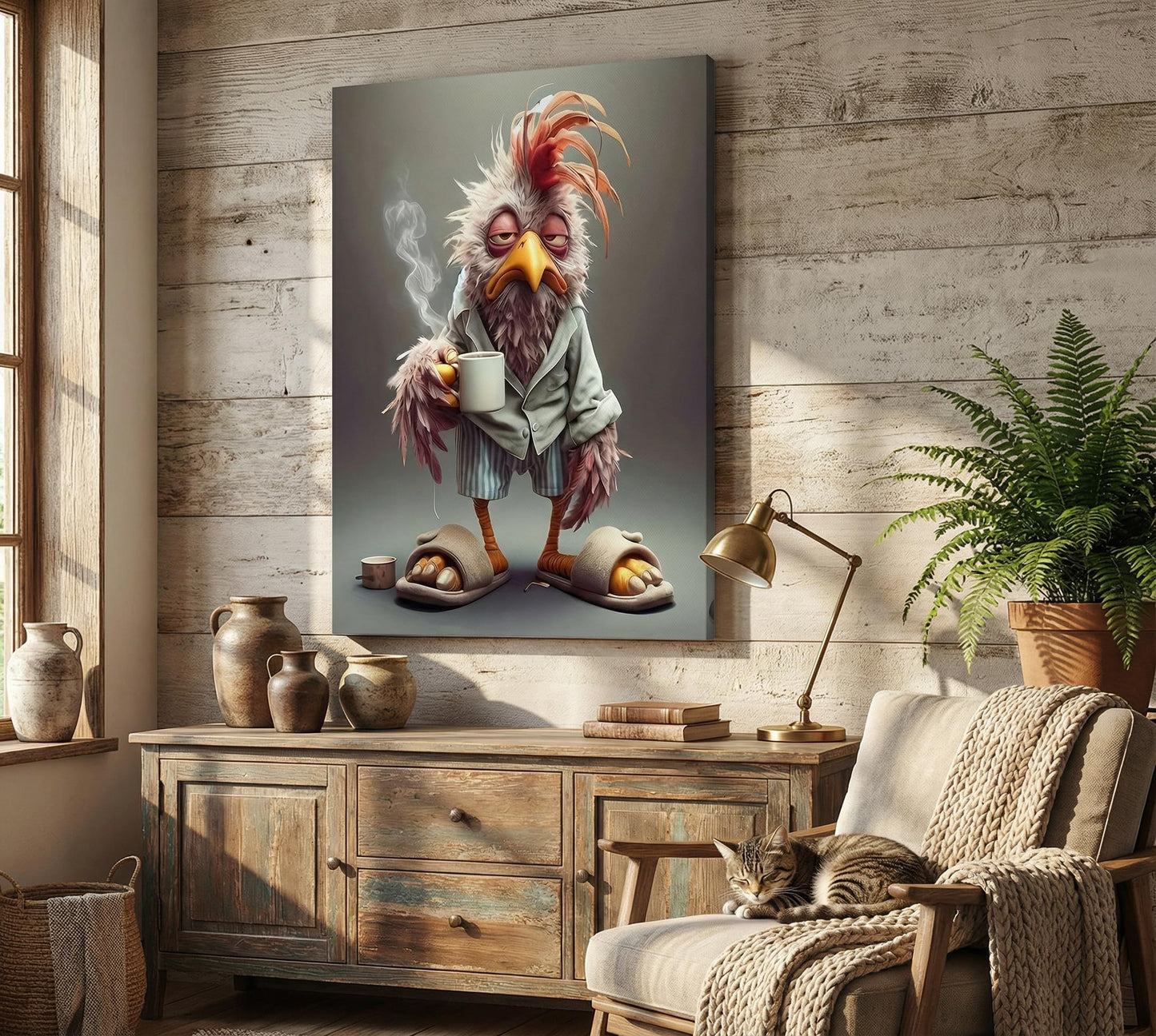 Funny Chicken Canvas Wall Art Stylish and Charming Retro Chicken Wear Slippers Wall Decor Picture Eclectic Animals Poster Print for Dining Room Bar Cafes Family Artwork Home Decoration