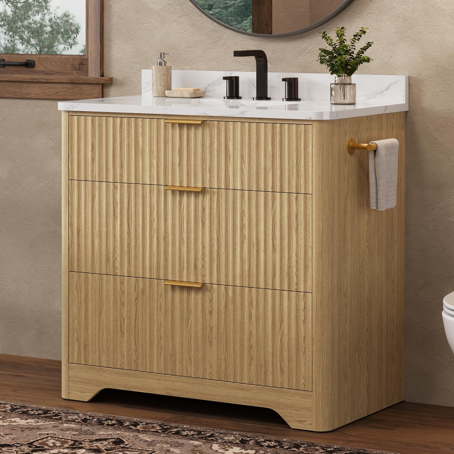 IRONCK 36 inch Bathroom Vanity with Ceramic Sink, Freestanding Wood Grain Sink Cabinet with 3 Storage Drawers (2 Standard + 1 Flip-Down), Farmhouse
