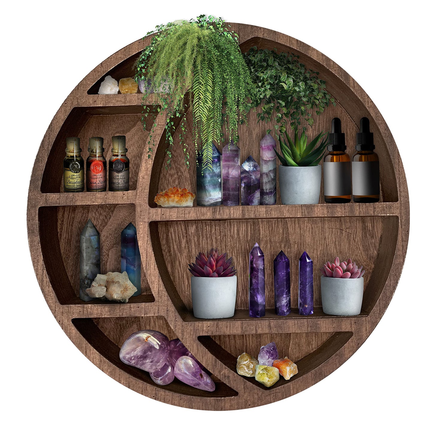 Nimpro Wooden Crescent Moon Shelf Wall Decor - Decorative Boho Home Hanging Display Shelf for Bedroom, Dorm, Nursery - Easy Mount Storage for Crystals and Essential Oils - 14 x 14 x 3.5 (Brown)