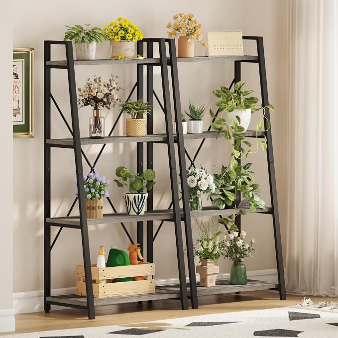 BON AUGURE Ladder Bookshelf, 4 Tier Ladder Shelf Bookcase, Wood Leaning Book Shelves for Living Room, Bedroom, Home Office Shelving Unit (Dark Grey Oak)