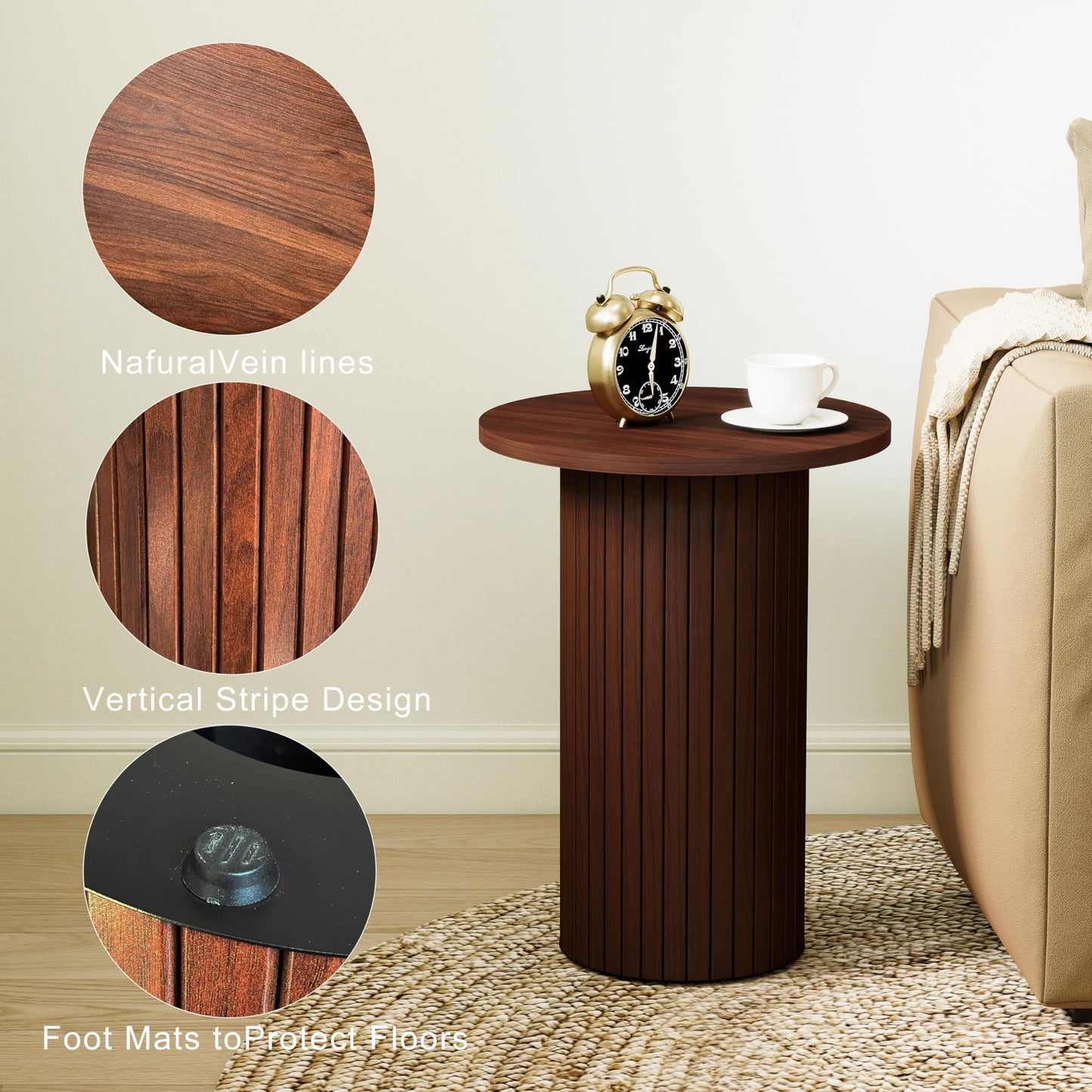 Small Round Side Table, Fluted Drum Pedestal End Table, Wood Plant Stand for Small Spaces, Modern Home, Bedroom, and Living Room Desk Furniture, Brown