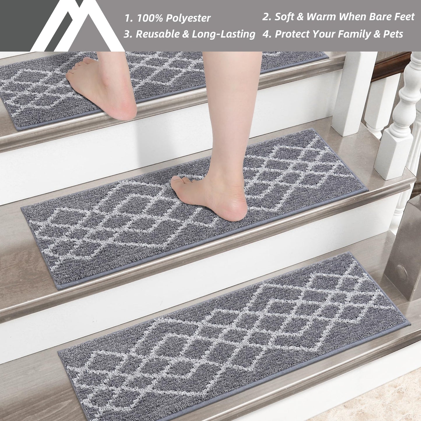 COSY HOMEER Soft Stair Treads 15pcs Non-Slip Carpet Mat 28inX9in Indoor Stair Runners for Wooden Steps,Stair Rugs for Kids and Dogs, 100% Polyester TPE Backing Grey,Rhombus