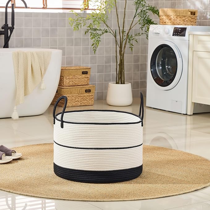 KAKAMAY Cotton Rope Storage Basket (20"x13"),Woven Hamper for Blankets,Toys,Pillows,Clothes,Laundry,Sturdy Handles Decorative Basket for Living Room, Bedroom,Nursery(Black/Beige)