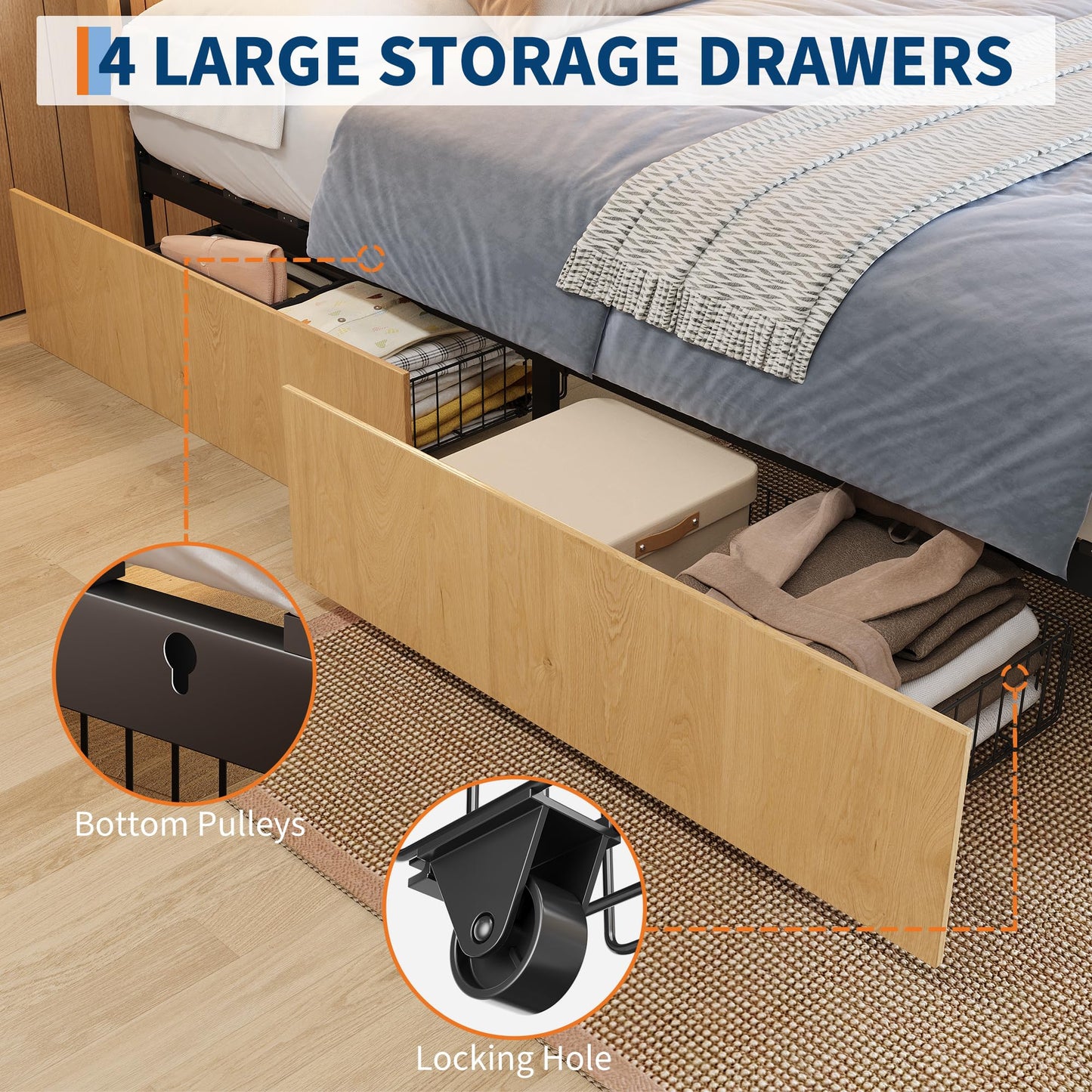 IDEALHOUSE Rattan Full Bed Frame with 4 Storage Drawer, LED Lights & Natural Rattan Headboard, Wood Full Size Bed Frame with Sturdy Wood Foundation, No Box Spring Needed, Natural