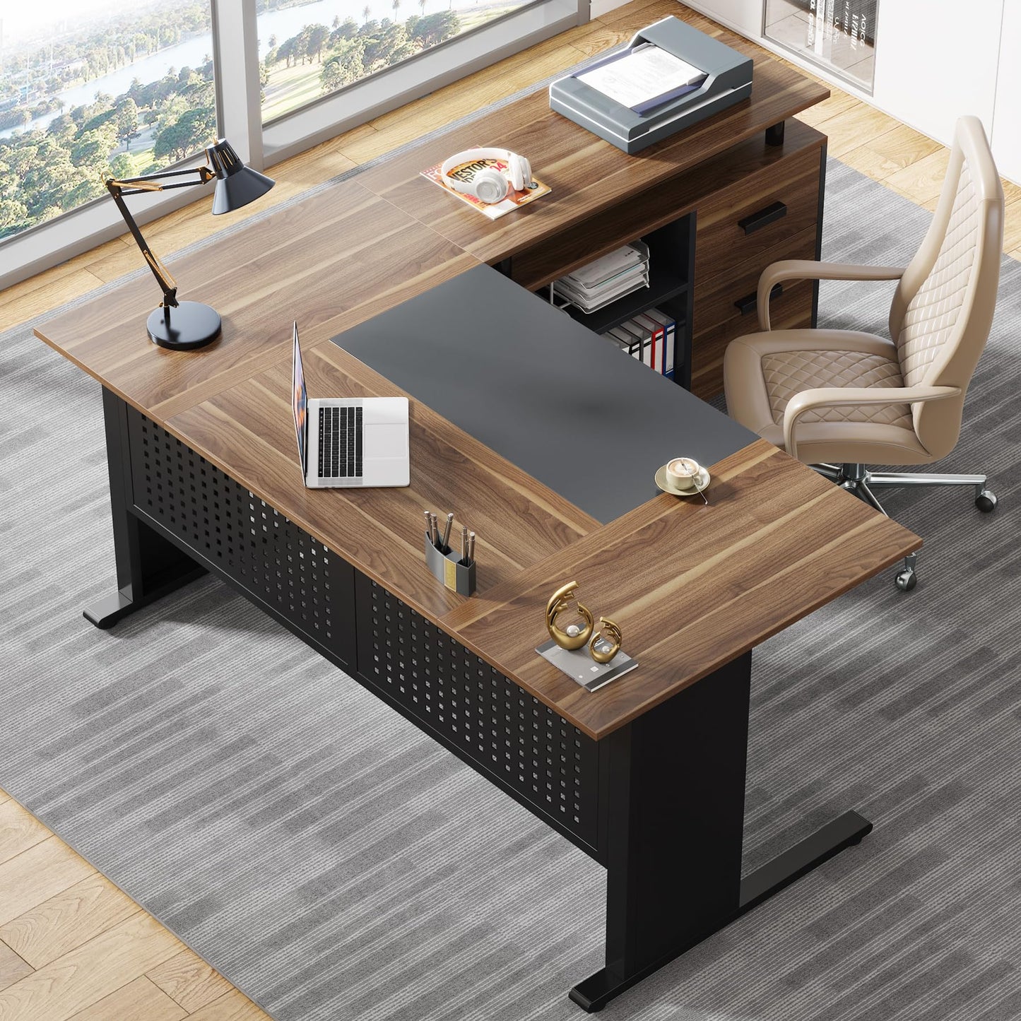 LITTLE TREE Large Computer Desk with File Cabinet, 63 Inch L Shaped Executive Office Desk with Drawers and Storage Shelves, Business Furniture Workstation for Home Office