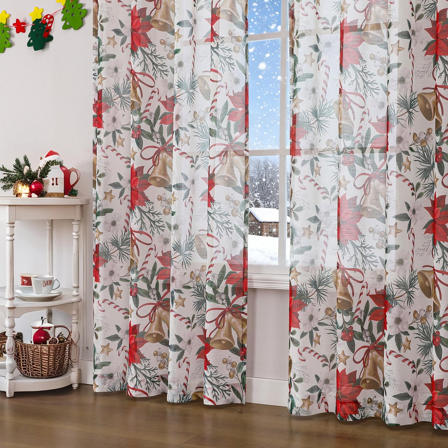 BROSHAN Red and Gold Christmas Sheer Curtains 63 inch Length 2 Panel Set- Xmas Bedroom Window Decoration Curtains in Poinsettias Floral Bells Patterned, Winter Holiday Living Room Curtain Drapes