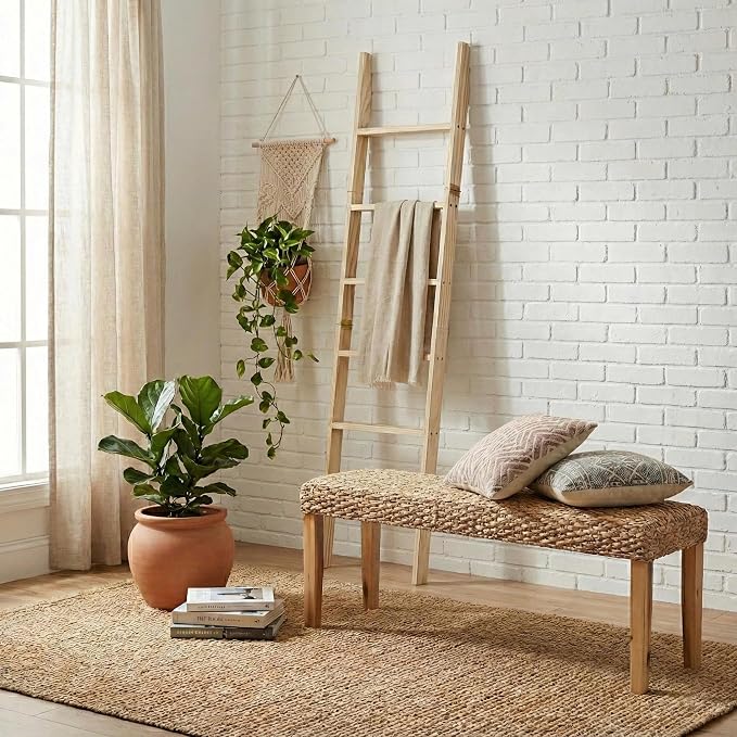 Blanket Ladder for Living Room 6-Tier, Wooden Decorative Quilt Holder for Bed Room, Wall-Leaning Towel Rack for Bathroom, Decorative Blanket Ladder Wood for Home Decor & Display (Light Wash)