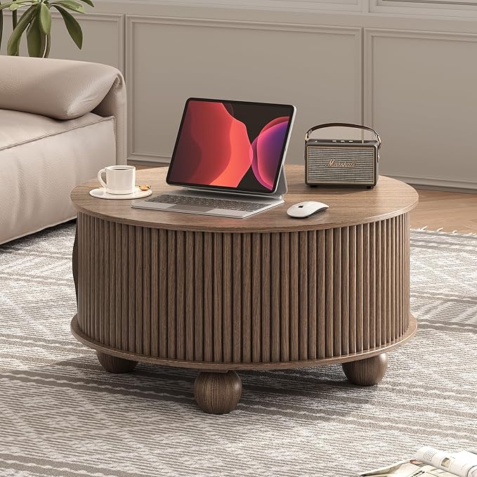 JOINICE Round Coffee Table with Storage, 31.5" Walnut Fluted Drum Center Table, Mid Century Modern Wood Circle Table with Sliding Door & Bun Feet for Living Room