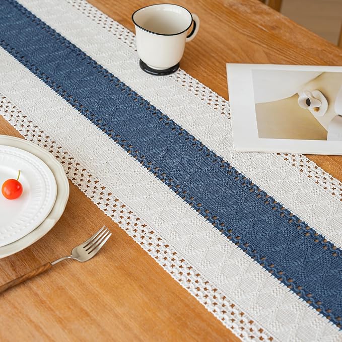 FEXIA Boho Blue Table Runner 60 Inches Long with Tassels Macrame Farmhouse Summer Style Graduation Party Rustic Wedding Baby Shower Dining Kitchen Living Room Decor (12x60 Inches)