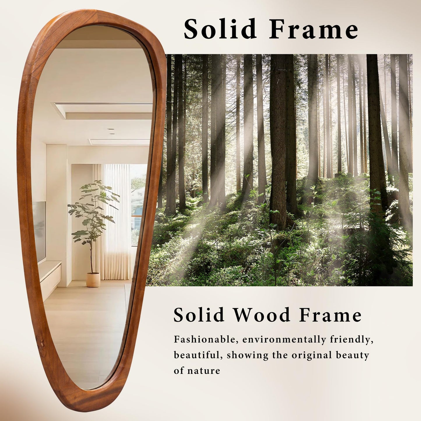 Inbenioso 22‘’x48'' Asymmetrical Mirror with Wood Frame, Small Irregular Wall Odd Shaped Mid Century Modern Mirror Christmas Decor for Bedroom Living Room Entryway Hall (Wood)