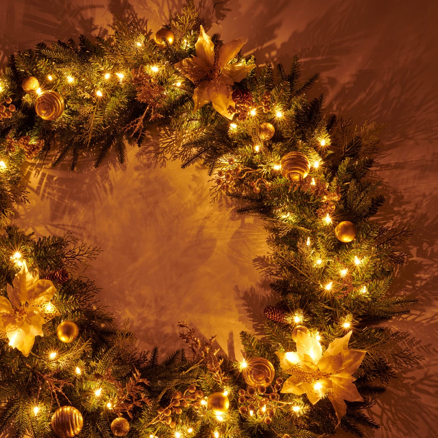 AMERZEST 9Ft Christmas Garland Prelit with Gold Berries and Balls,Flower and 50 Lights Plug in,Holiday Decoration Fireplace Stairs Mantle Door Indoor Outdoor