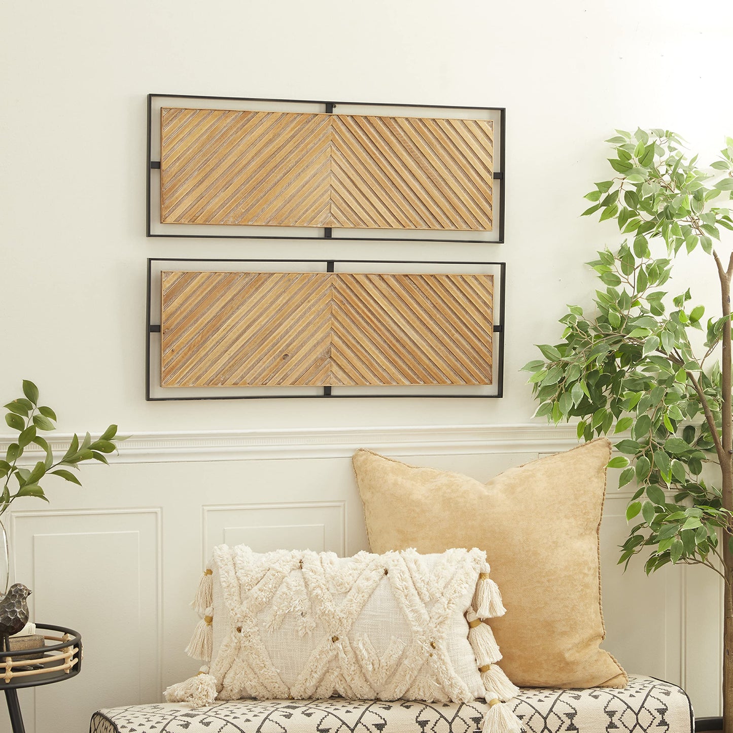 Deco 79 Wooden Geometric Home Wall Decor Linear Carved Wall Sculpture with Black Frame, Set of 2 Wall Art 32"W, 12"H, Brown