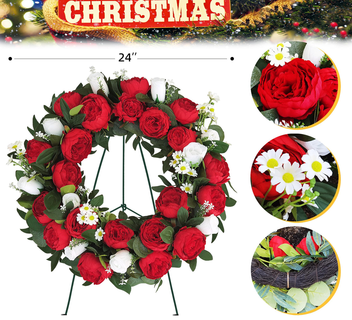 AILVEMEE Cemetery Wreaths for Graves,Christmas Wreath for Cemetery,Memorial Day Grave Wreath,Headstone Wreaths on Metal Stand,Spring Artificial Flower Wreath:Red Peony,White Rose