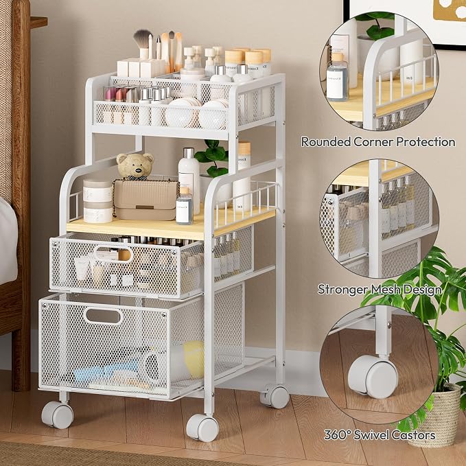 SWTYMIKI Rolling Cart with Drawers - Metal Craft Cart with Wheels, DIY Divider and Wood Shelf, Art Supply Organizer for Under Desk Storage, Utility Storage Cart for Home Office Studio, White