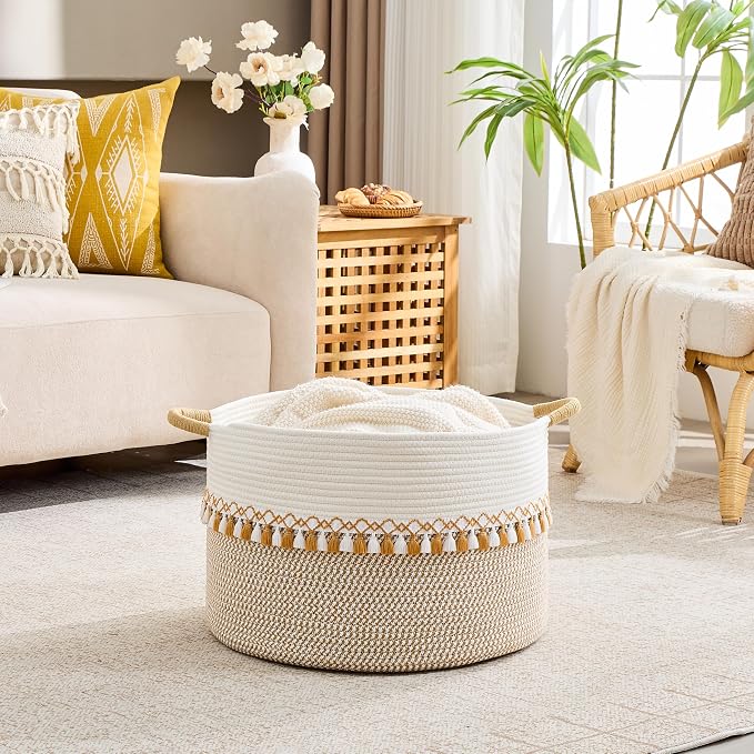 KAKAMAY Cotton Rope Storage Basket (20"x13"),Woven Hamper for Blankets,Toys,Pillows,Clothes,Laundry,Sturdy Handles Decorative Basket for Living Room, Bedroom,Nursery(Brown/Grey)