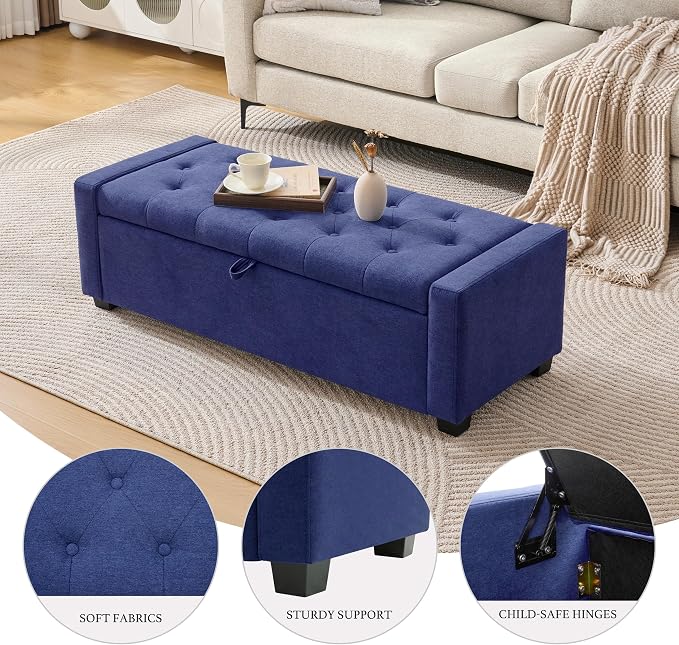 Huatean Home 48" Ottoman with Storage, Storage Ottoman Bench with Safety Hinge, Upholstered Entryway Bench with Seating for Bedroom, Living Room, Holds up to 330 lb, Blue