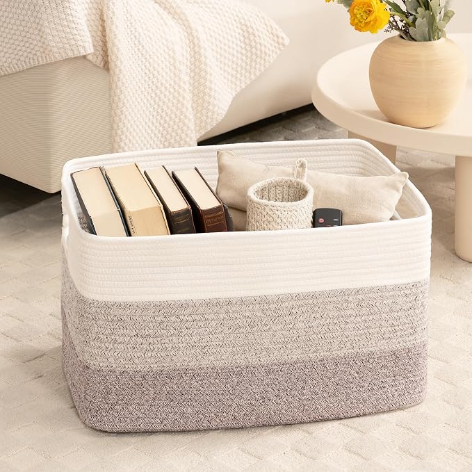 45L Small Laundry Basket with Leather Handles for Living Room Storage, Woven Rope Baskets Bin for Blanket, Kids Toy, Gifts, Wicker Hamper for Bedroom Dirty Clothes, 18"x14"x11" Gradient Brown