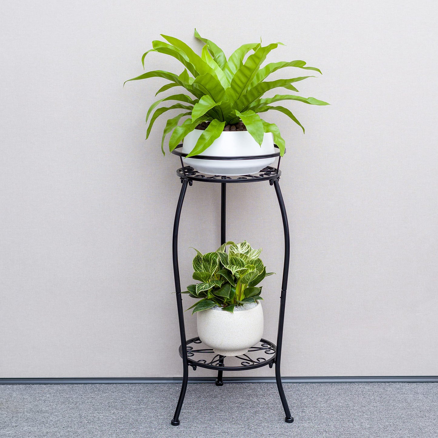 FaithLand Plant Stand, Metal Planter Holder Indoor Outdoor, 2 Tier Round Potted Supports Rack, Corner Display Shelf Black, Tall