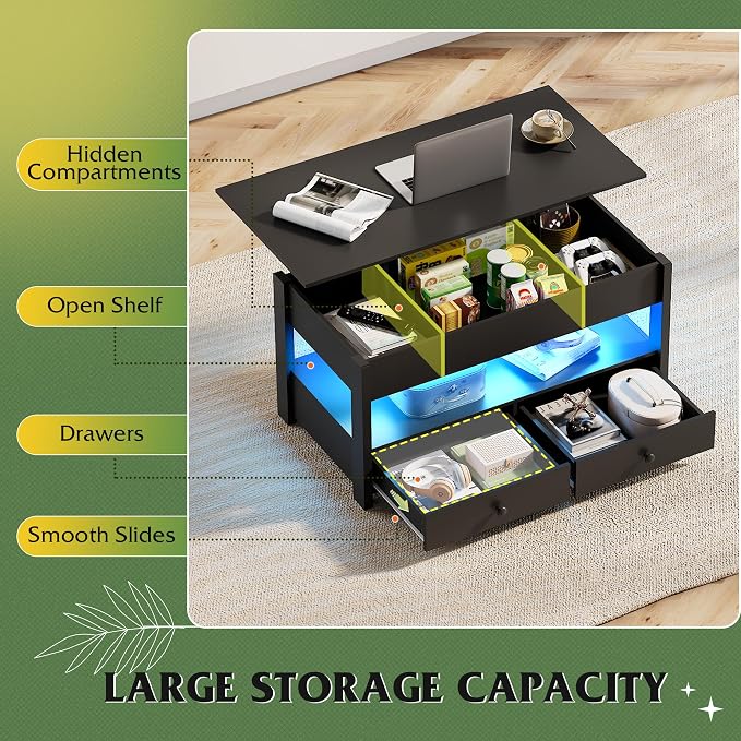 WLIVE Coffee Table, Lift Top Coffee Table with Drawers, LED Light, Large Storage and Open Shelf, Lift Tabletop for Living Room, Deep Black