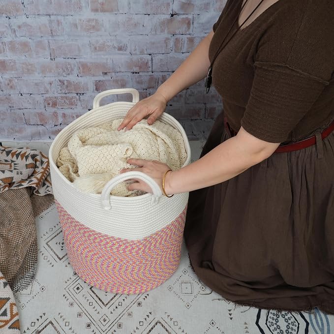 XUANGUO Cotton Rope Laundry Basket Hamper for Clothes Woven Storage Basket for Living Room Bedroom Boho Tall Rope Baskets for Blanket Toys Pillow Towels Baby Nursery Hamper Bin Large (multicolor)