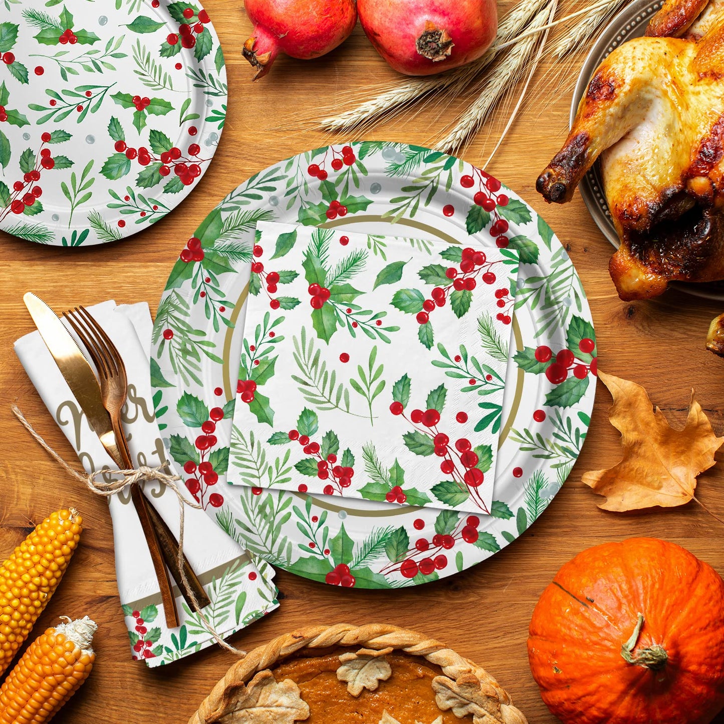 Christmas Party Supplies, Serve 50, Christmas Seasonal Holly Tableware Includes: Paper Dinner Plates, Dessert Plates, Luncheon Napkins and Beverage napkins, Great for Party Decorations