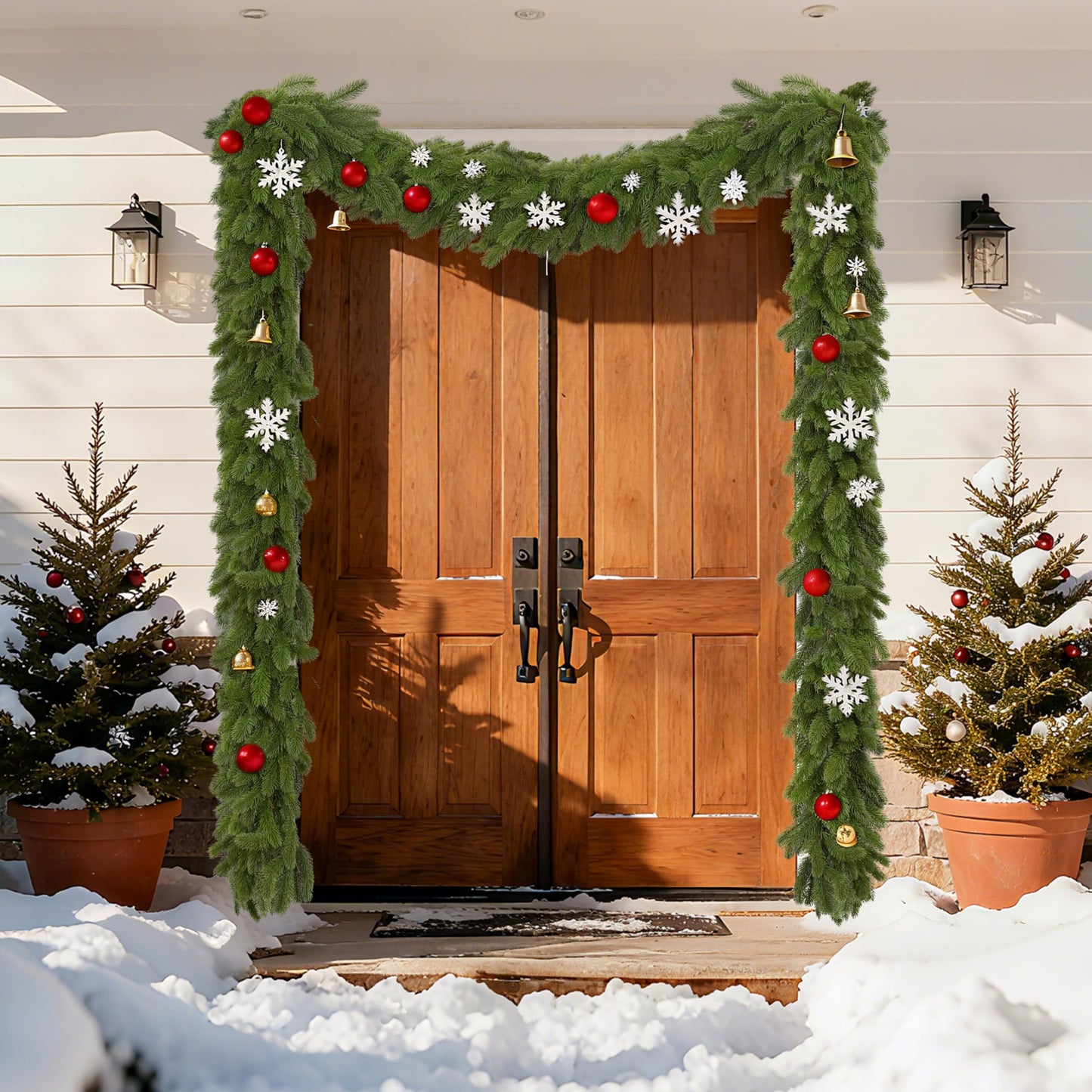 Palonu 1 Pack 9 Ft Artificial Christmas Norfolk Garland, Faux Green Cedar Touch Like Real Pine Needles, Fake Winter Greenery Decoration for Indoor Outdoor Xmas Fireplace Table Mantle Stairs Decor