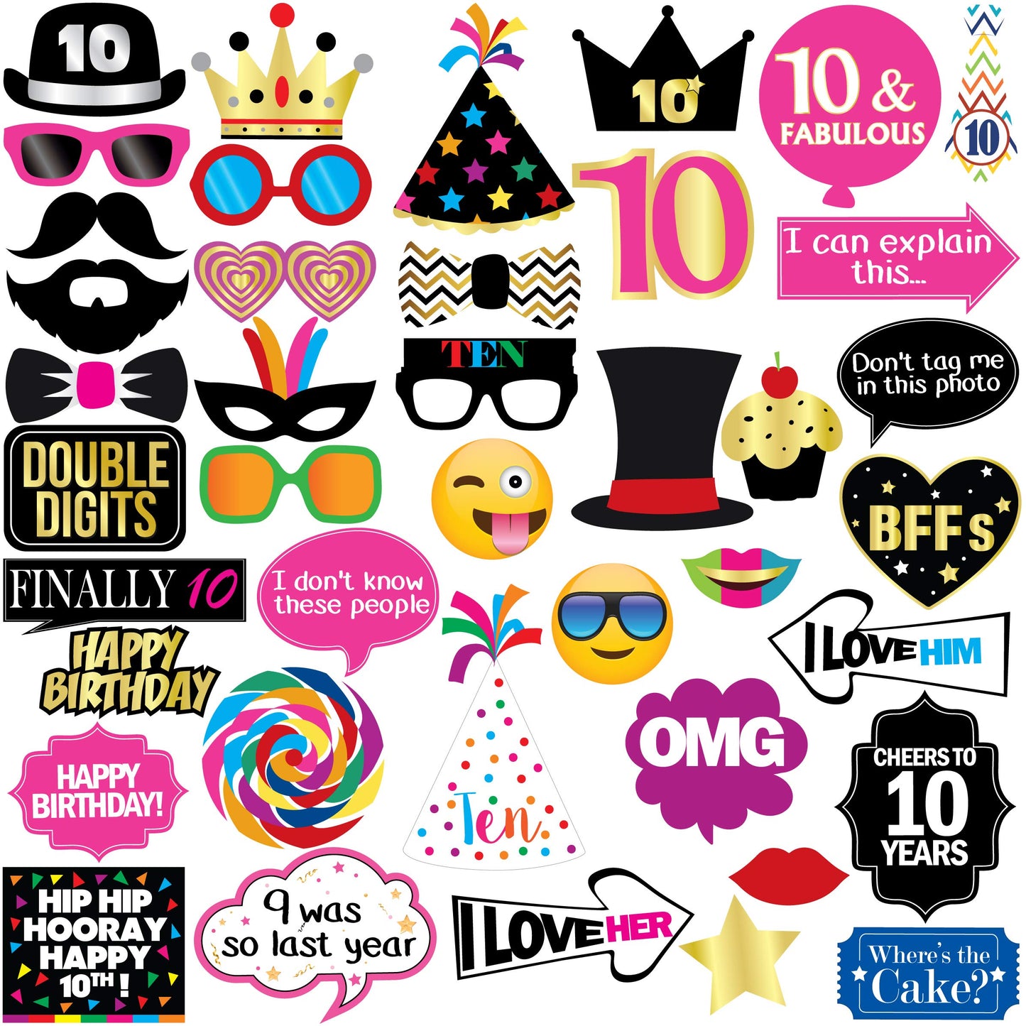 10th Birthday Photo Booth Props - 40 Pieces - Funny Birthday Party Supplies for Him or Her - Photo Booth Decorations, Favors and Gifts