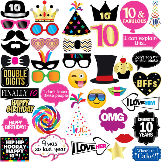 10th Birthday Photo Booth Props - 40 Pieces - Funny Birthday Party Supplies for Him or Her - Photo Booth Decorations, Favors and Gifts