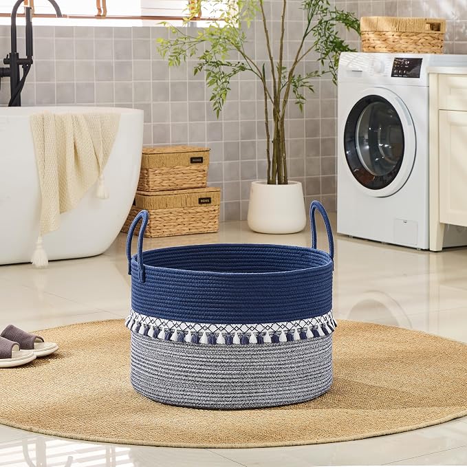 KAKAMAY Cotton Rope Storage Basket (20"x13"),Woven Hamper for Blankets,Toys,Pillows,Clothes,Laundry,Sturdy Handles Decorative Basket for Living Room, Bedroom,Nursery(Blue/White)