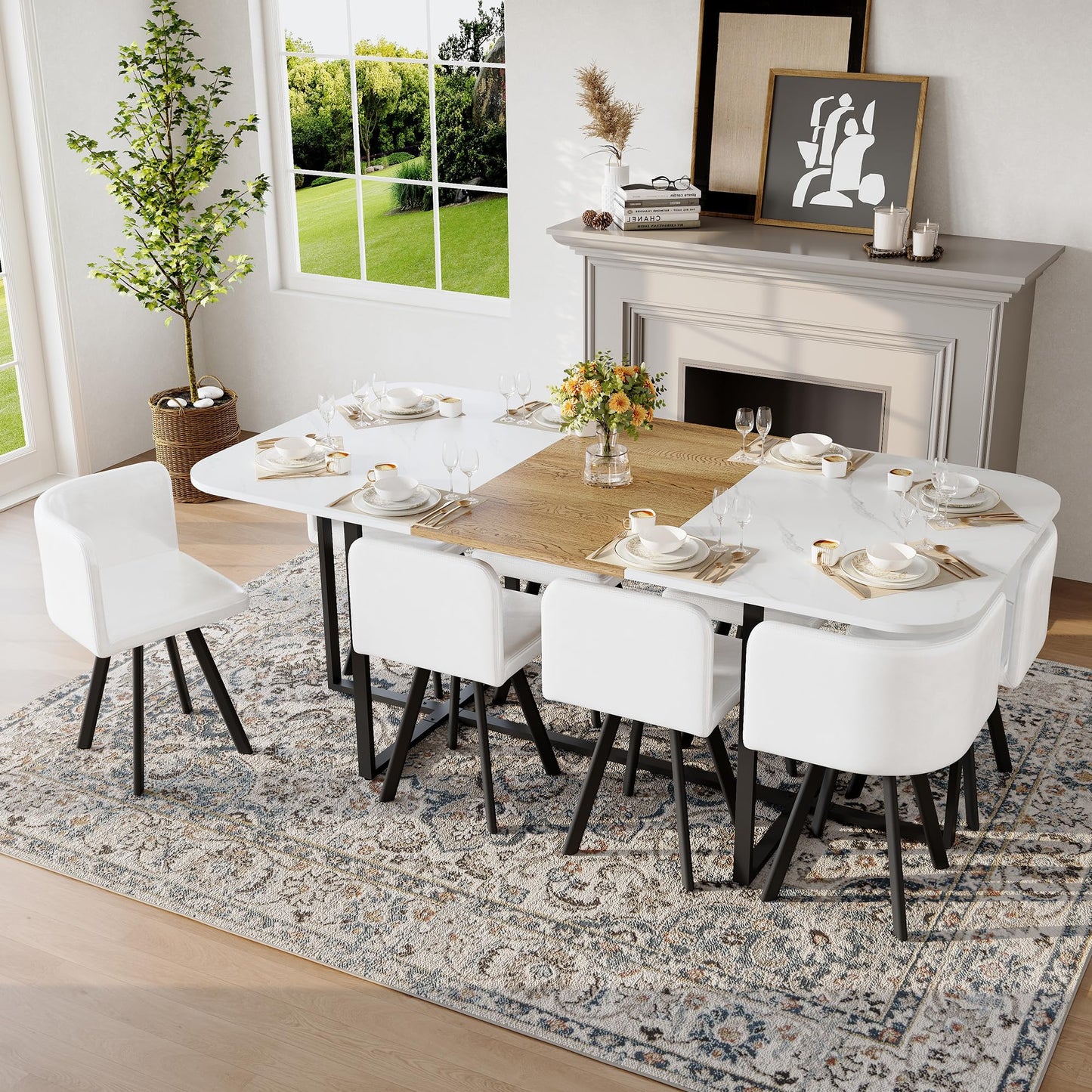 KEIKI 79" Dining Table Set for 8, Rectangular Kitchen Table Set with White Faux Marble & Wood Grain Top, Modern Dining Room Set with 8 White Faux Leather Chairs, Large Family Dining Table Furniture