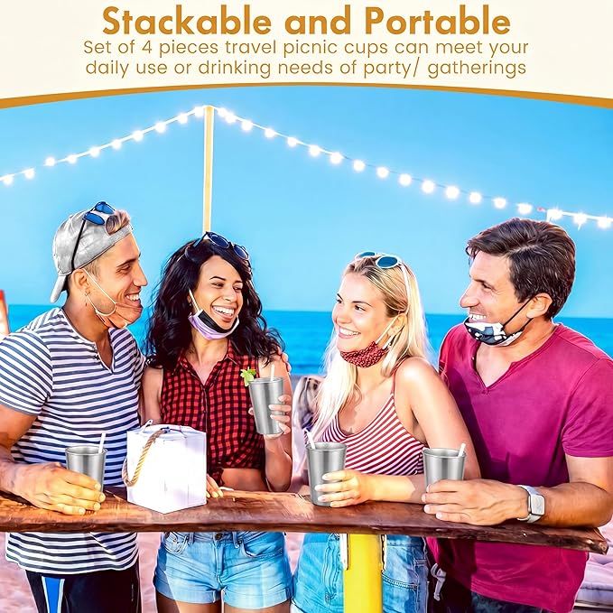 Mimorou 4 Pack 16 oz Stainless Steel Pint Cups Metal Cups Unbreakable Drinking Water Tumblers Stackable Tumbler for Adults Bar Home Restaurant Travel Picnic Camping Outdoor (Silver)