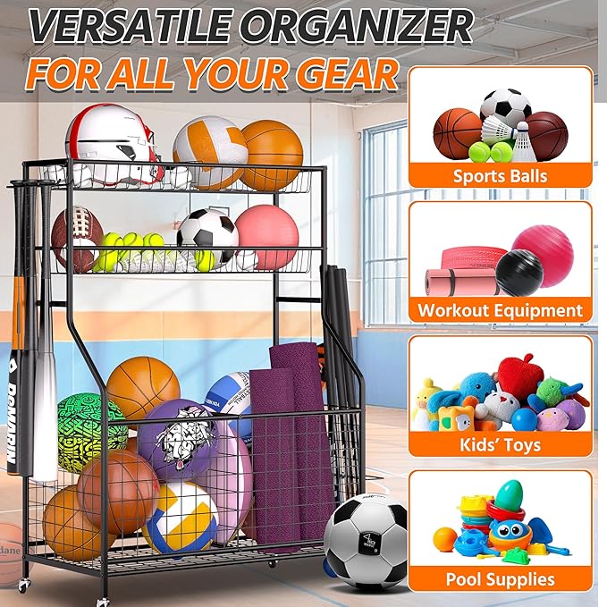 Ultrawall Sports Equipment Organizer, Large Capacity Garage Ball Storage Outdoor Toy Organizer, Ball Cart with Wheels for Football, Basketball