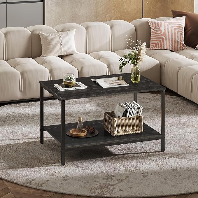 WLIVE Small Coffee Table for Living Room, 31.3" Modern Industrial Coffee Table with Storage Shelf & Metal Frame, 2-Tier Wood Center Table for Small Spaces Apartment, Home, Charcoal Black