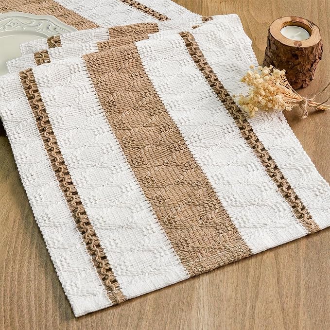 FEXIA Boho Table Runner for Hoilday Spring Home Decor Farmhouse Rustic Table Runner Macrame Burlap Coffee Table Decor House Decoration for Living Room Bridal Shower (12x72 Inches)