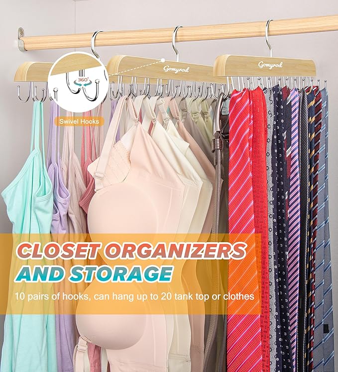 Gomyrod Bra Hanger for Closet, Tank Top Hangers 2 Pack w/20 Hooks Holds 40 Bras, Capacity Foldable Wood Space Saving Hanger, 360°Rotating Closet Organizers and Storage for Dorm & Apartment