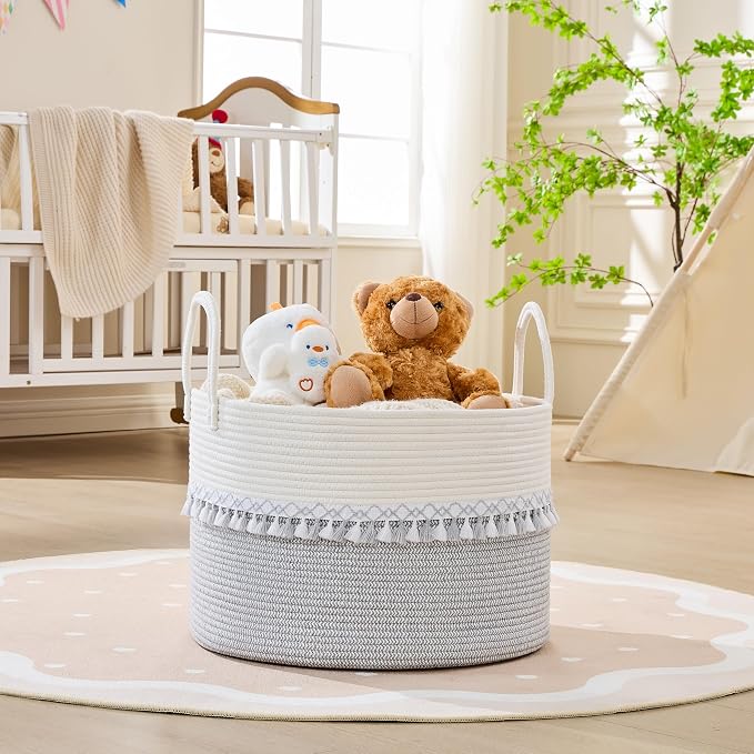 KAKAMAY Cotton Rope Storage Basket (20"x13"),Woven Hamper for Blankets,Toys,Pillows,Clothes,Laundry,Sturdy Handles Decorative Basket for Living Room, Bedroom,Nursery(Grey/Black)