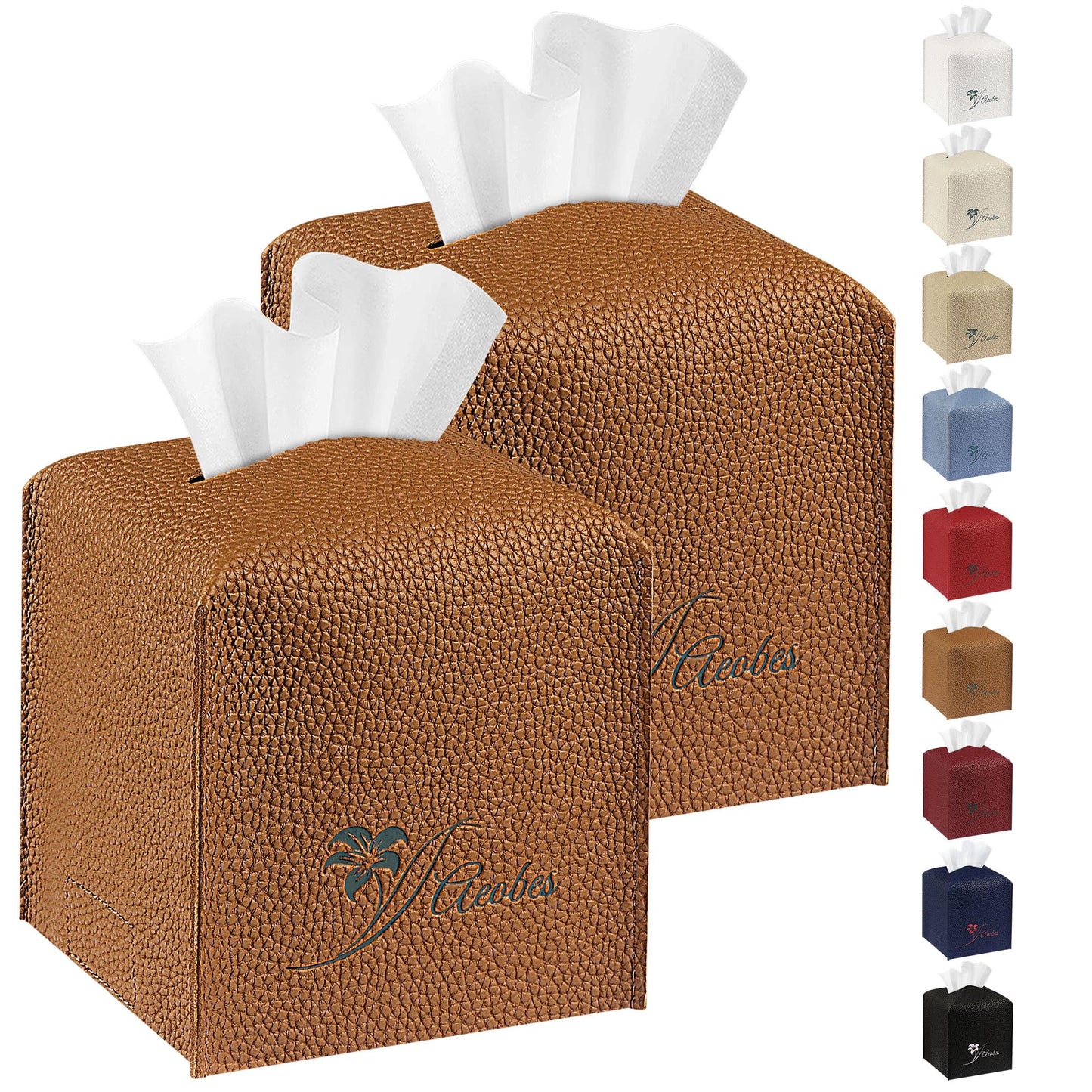 Aeobes Tissue Box Cover Square PU Leather Tissue Holder for Bathroom, Cube Décorative Tissue Organizer, Tissue Paper Dispenser for Car, Kitchen, Bedroom, Office, Tabletop (2, Brown, 5x5x5'')