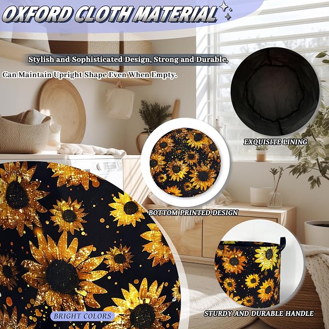 Beautiful Sunflower Laundry Basket Foldable Oxford Cloth Yellow Floral Laundry Hamper With Handle Portable Clothes Storage Organizer Basket 18.9"x16.5" Storage Bag For Laundry Room/Bathroom/Bedroom