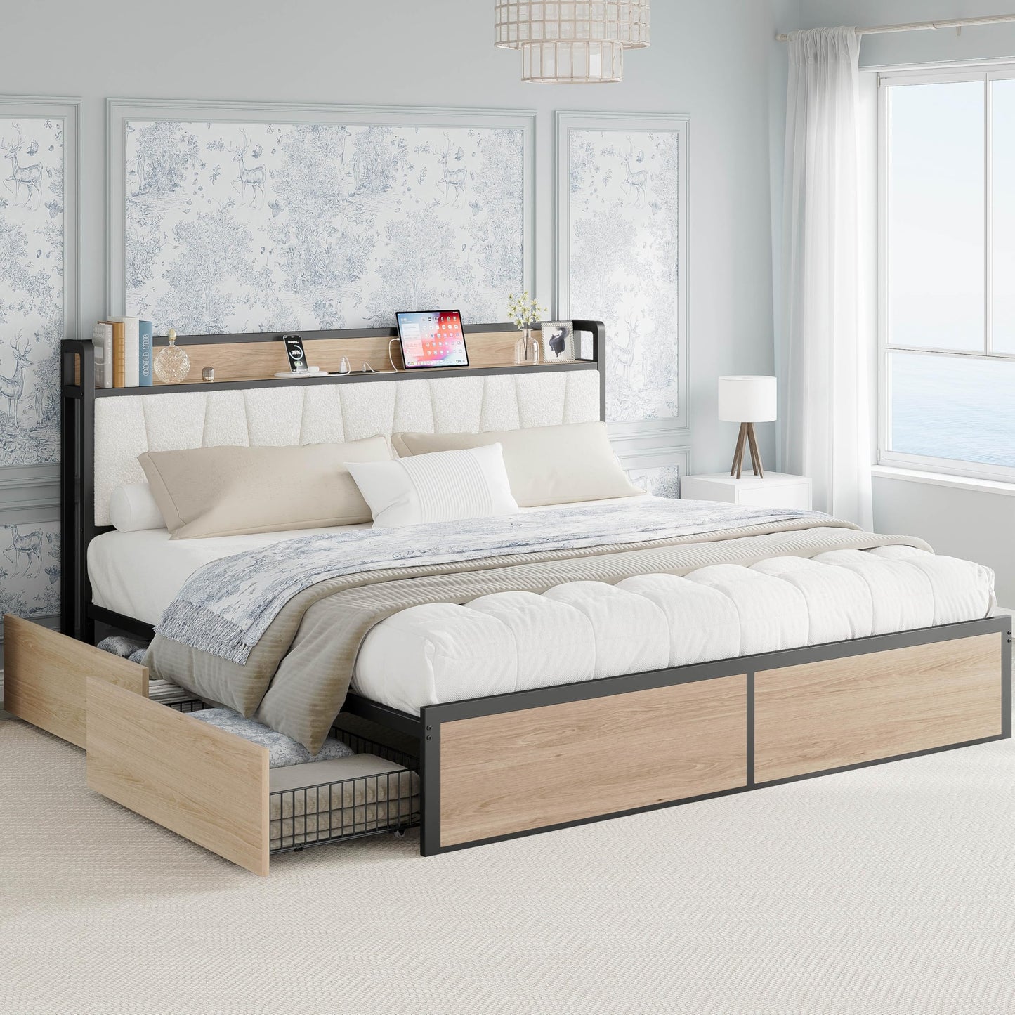 LIKIMIO King Bed Frame with 4 Storage Drawers, Platform Bed with Charged Headboard, Sturdy and Stable, No Noise, No Box Spring Needed, Easy Install, Wood and Cream