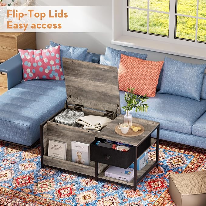 SINPAID Coffee Table with Storage, Rectangular Coffee Tables for Living Room, Farmhouse Coffee Table with Hidden Storage Compartment and Adjustable Shelves, Grey Wash