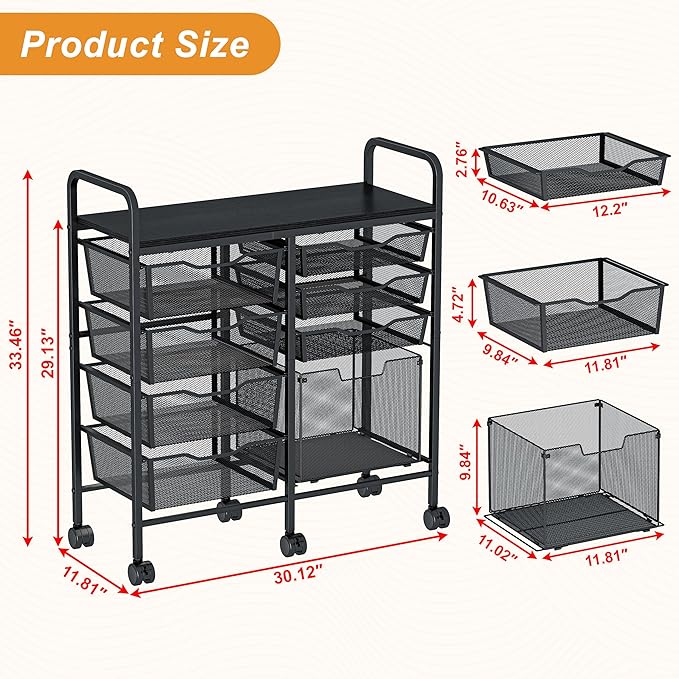 Aokitsink Rolling Cart with Drawers,8-Drawer Storage Cart with Wooden Tabletop and Lockable Wheels,Craft Storage & Art Supply Organizer,Letter-Size File Drawer for Classroom, Office & Home