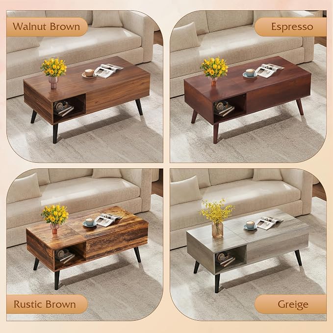 WLIVE Coffee Table for Living Room, Lift Top Coffee Table with Storage, Small Rising Wooden Dining Center Table with Storage Shelf & Hidden Compartment, 39" Brown