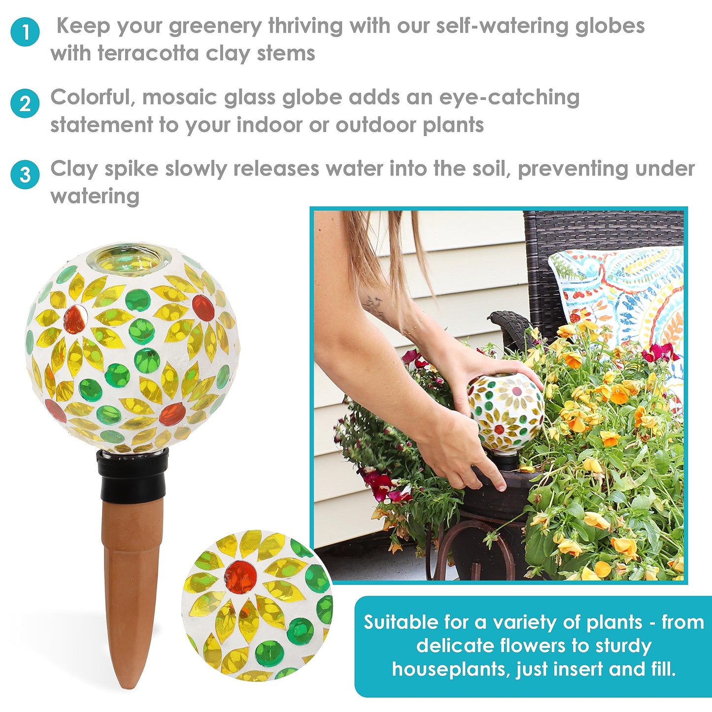Sunnydaze Mosaic Glass Plant Watering Globe with Clay Spike - Decorative Self-Watering Planter Insert - Water Dripper for Plants - 9.5" - Bright Blooms