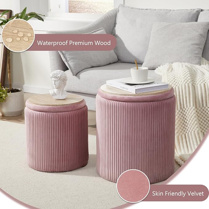 Royal Windsor Round Ottoman with Storage Set of 2,Vanity Stool with Storage for Bedroom, Ottoman Coffee Table,Small Velvet Foot Stool for Living Room, Pink