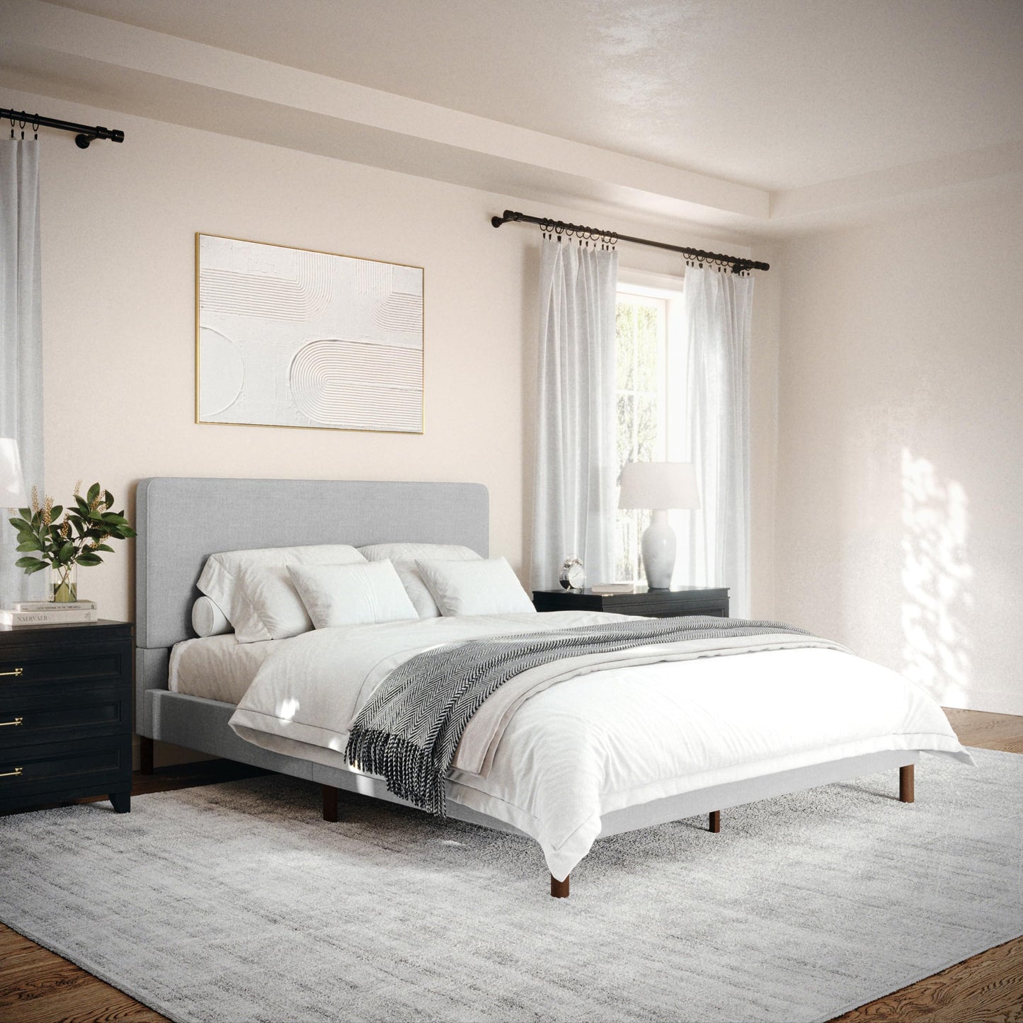 Martha Stewart Britta Platform Bed with Headboard & Footboard, Faux Linen Upholstery with Piping Detail, Rounded Headboard, No Box Spring Needed, Queen, Gray