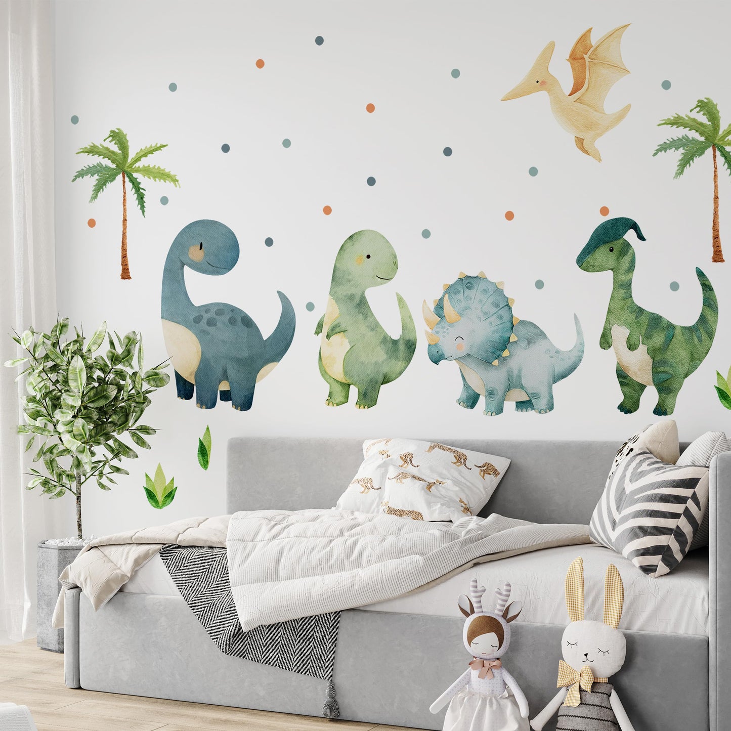 Large Dinosaurs Wall Decals, Dino Animal Tropical Palm Tree Home Decorations, Self Adhesive Dinosaurs Wall Art Sticker for Baby Nursery Kids Room Home Decor (Green Boho Dinosaurs Dot Decals)