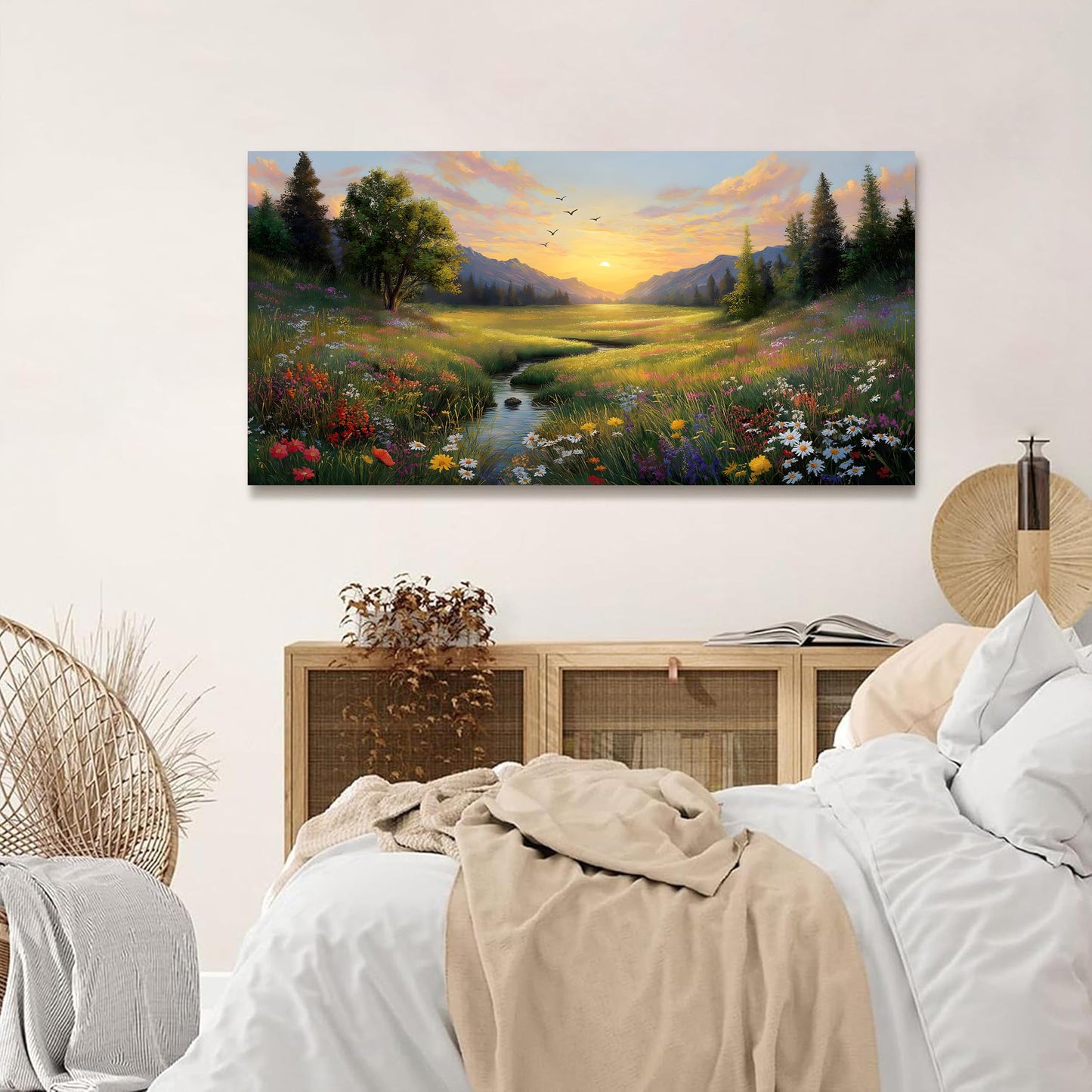 Tarfupth Large Green Landscape Canvas Wall Art for Living Room Sunset Mountain Wildflowers Canvas Prints Nature Scenery Artwork for Bedroom Office Home Decor 20"x40"