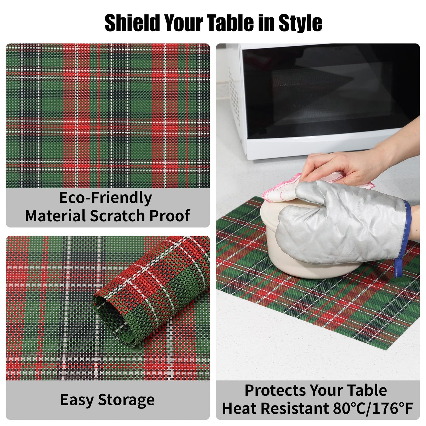 DYLQYL Christmas Placemats Set of 4, Woven Vinyl Washable Table Mats, Heat Resistant Easy Clean Wipeable PVC Place Mats for Dining Table, Kitchen, Indoor & Outdoor Use