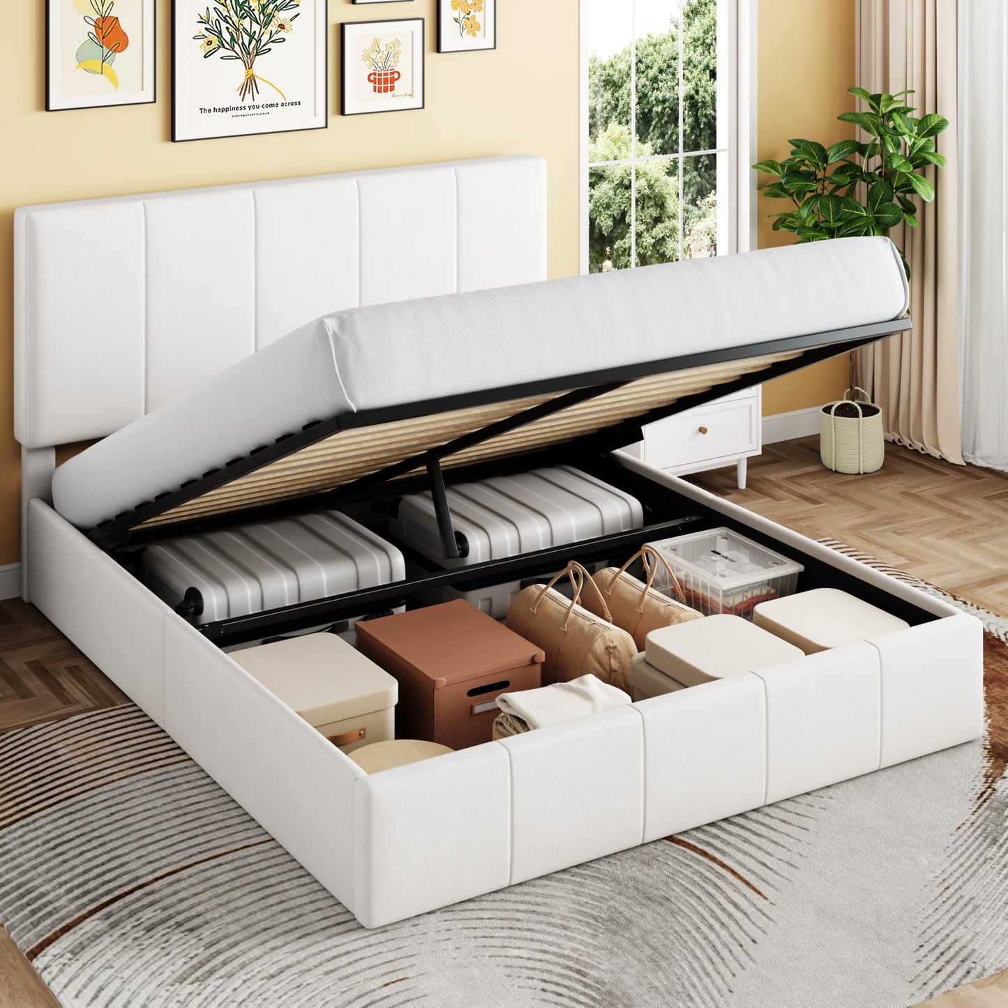 SHA CERLIN Queen Size Lift Up Storage Bed Frame, Adjustable Headboard, Hydraulic Support, Velvet Upholstered, Easy Installation, No Box Spring Needed, White