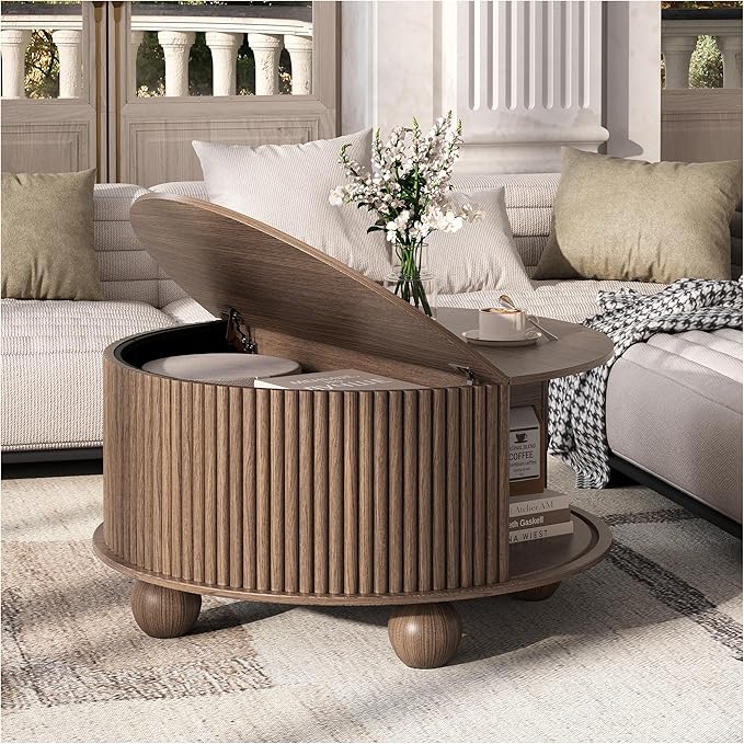 JOINICE Round Coffee Table with Storage, 31.5" Walnut Fluted Drum Center Table, Mid Century Modern Wood Circle Table with Sliding Door & Bun Feet for Living Room